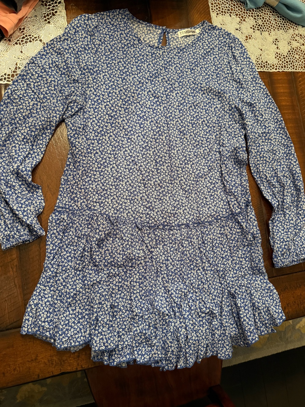 Blue Floral Long-Sleeve Women’s Dress